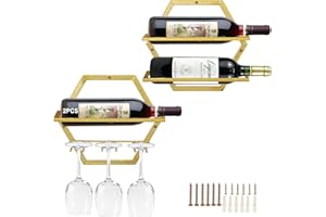 Giyiprpi Casier à Vin Mural en Métal, Support de Rack de Verres à Pied Porte-Bouteilles de Vin, Stockage de Vin Mural en Fer Forgé pour Cave à Vin Decoration Murale au Salon (Gold AB)