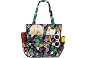 Kasgo Beach Tote Bags for Women, Waterproof Sandproof Large Pool Bag Stylish Zipper Beach Tote for Travel Shopping Gym School, Flowers