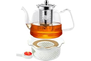 FTUREERA 1300ML Glas Teekanne mit keramischem Warmer Set, große Kapazität (45 oz) hitzebeständige Borosilikatglas Teekanne mit abnehmbarem Edelstahl losen Tee Infuser