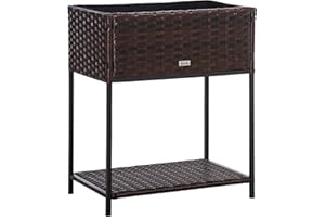 Outsunny Jardinière sur Pieds avec étagère inférieure carré Potager surélevé extérieur Jardin Tissu Non-tissé Inserts d'irrigation Inclus résine tressée PE métal dim. 64L x 42l x 78,5H cm Brun