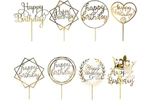 8 Pack Happy Birthday Cake Topper, CBGGQ Multicolour Acrylic Cupcake Topper for Various Party Decoration for Girls Kids Baby Birthday Wedding Mother Cake Supplies (Gold)
