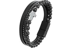 JUZICHEN 21 cm bransoletka męska, skórzana bransoletka męska, różaniec bransoletka krzyż, męska bransoletka czarna brązowa, bransoletka męska, biżuteria na prezent dla mężczyzn, chłopców i mężczyzn