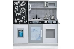 COSTWAY Kinderküche mit 10 Spielzubehör, Spielküche Kinder mit Tafel, Spielzeugküche mit Mikrowelle & Eismaschine & Geschirrspüler & Backofen, Holzküche für Kinder ab 3 Jahre (Weiß)