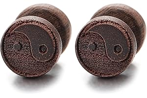 COOLSTEELANDBEYOND 10MM Madera Yin Yang Círculo Pendientes de Hombre Mujer, Aretes, Acero Enchufe Falso Fake Cheater Plugs Gauges, 2 Piezas