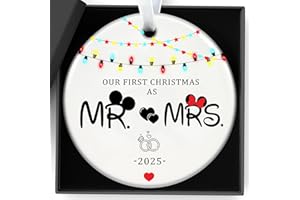 QYLAZUNE Christmas Decorations wedding Gifts Ceramic Our First Christmas as Mr and Mrs 2025 Ornament Cute Couple Holiday Keepsake, Newlywed First Gift bauble, Festive Lights Character Ears Design Decoration