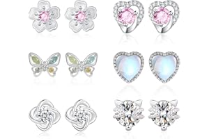 SFONI Huggie Hoop Earrings for Girls, S925 Sterling Silver Stud Set Cute Butterfly Love Heart Clover Flower Tiny Cubic Zirconia Studs Hypoallergenic Small Cartilage Sleeper Earrings for Teen Toddler Child