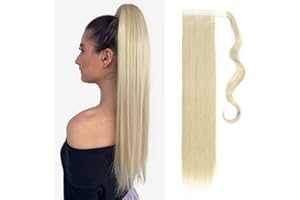 TESS Coleta Postiza Pelo Natural 60 cm, Postizos de Pelo Natural Liso Rubio platino (#613C) Coleta Postiza 90g