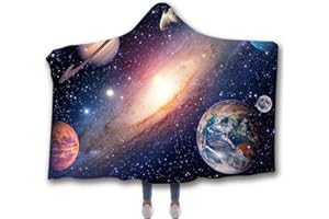 Chickwin Coperta con Cappuccio 3D Universo, Morbido Pile Inverno Calda Comoda Indossabile Coperta per Adulto Bambino relax sul divano TV, in casa (130x150cm,Pianeta galassia)