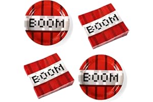 SAVITA Pixel Party Plates and Napkins Set, 25pcs 9-Inch Plates and 25pcs 6.5-Inch Napkins, Pixel Birthday Party Supplies Game Themed Decorations for Kids Teens Adults