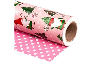 RUSPEPA Papier Cadeau De Noël Réversible - Mini Rouleau - 43,2 Cm X 10 M - Gnome Vert Rouge Et Cannes De Bonbon, Motif À Pois Roses Et Blancs Pour Vacances, Fêtes, Célébrations