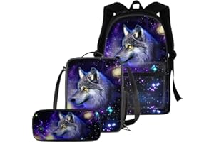 chaqlin Blue Galaxy Wolf Schulrucksack-Set für Jungen Teenager, 3-in-1-Schulbüchertaschen, Tierwolf, Bedruckt, isolierte Lunchbox, Federmäppchen-Set für College-Studenten-Rucksack