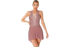 Jowowha Femme Robe de Danse Latin Ballet Salsa Tutu Gym Robe sans Manches Strass Justaucorps Gymnastique Robe Patinage Artistique Robe Chic Elégante Bodysuit S-XL