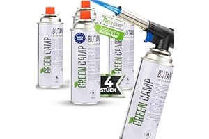 GREEN CAMP ® Gasbrenner mit Kartusche 227g – Schweißbrenner max. 1300°C Temperatur – Lötlampe mit Piezozündung – Bunsenbrenner Küche -Küchenbrenner (4x Gaskartuschen)