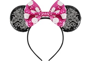 YUNISS Cerchietto con Orecchie di Topo, Paillettes Cerchietto con Fiocco, Simpatico Accessorio per Feste, Parchi a Tema, Carnevale (Rosa)