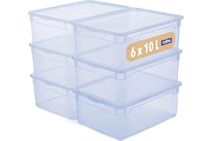 Rotho CLEAR Box 6-pack förvaringslåda 10 l med lock, platsbesparande stapelbar 36 × 26 × 14 cm, transparent
