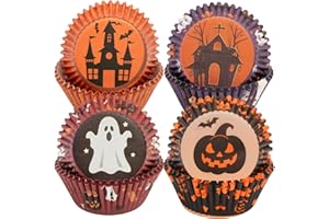 MOMAHUA 200 Pièces Caissettes à Cupcakes Halloween,Moules à Muffins Papier,Décorations Noir Citrouille|Château Violet|Fantôme Rouge pour Fête, Fournitures Anniversaire Thème Trick or Treat