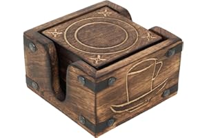 Ajuny Posavasos de Madera con Soporte – Juego de 6 Hechos a Mano, Estilo Quemado Cuadrado, Base Antideslizante, Protección de Mesa para Tazas de Té y Café y Vasos, Decoración del Hogar