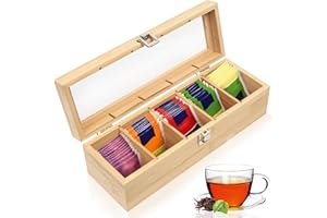 SiGuLiKeJi Wooden Tea Box Organiser, Bamboo Tea Boxes with Compartments 5, Tea Bag Storage Organiser with Clear Window, Tea Caddy for Tea Bags Coffee Spices Home Kitchen Bar, 11.8x3.94x3.54