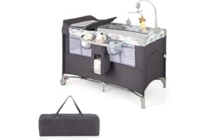 COSTWAY 5 in 1 Lettino per Bambini con Materasso, Lettino Culla da Viaggio per Neonati, Culla Neonato con Fasciatoio, Box Portatile Pieghevole, con Ruote e Borsa, 125 x 65 x 119 cm (Grigio)