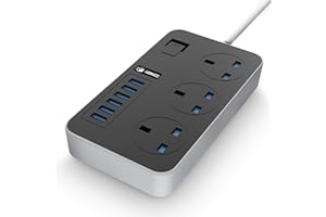 iBlockCube® Extension Lead with 6 USB Ports (3.1A), Surge Protected Power Strip Socket Switch 2M (6.5FT) UK Plug, Fuse & Shutter Extension Lead (Black-Grey)