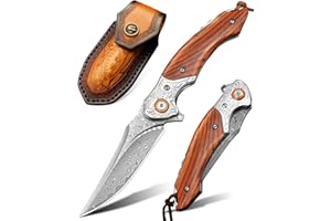 LOTHAR TUNA Couteau de Poche Damas à une Main, Couteau Pliant en Acier Damas 67 Couches VG10, Couteau de Poche Aamas Avec lame Tranchante et Manche en bois, Pour Collection ou Cadeau