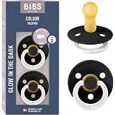 BIBS Colour Glow Pack of 2 Pacifiers | BPA-Free | Round Teat | Natural Latex, Size 2 (6-18 Months), Black NIGHT/Black NIGHT