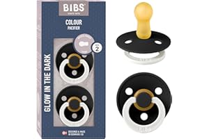 Tétine BIBS Colour Glow. Lot de 2 sucettes. Brillent dans le noir. Sans bisphénol A, Téterelle ronde. Latex de caoutchouc naturel, Fabriqué au Danemark, Taille 2 (6-18 mois), Black Glow