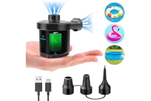 ESVYIT Inflador Electrico Portatil Bateria Recargable Inflar Desinflar 2 en 1, Hinchador Electrico Inflador Colchon Hinchable con 3 Boquillas, Bomba de Aire Electrica para Colchoneta Camping Piscina Inflable