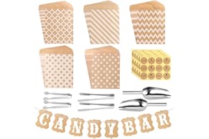 FIHODONE Lot de 72 accessoires de bar à bonbons - Contient 60 sachets de bonbons et 4 pinces à sucre, 2 pelles à glace et 60 autocollants, kit d'accessoires pour bar à bonbons pour mariage,