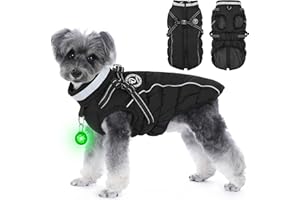 HezzLuv Abrigo Perro Invierno, Abrigo Impermeable Perro, Cálida Abrigos para Perros con Arnés, Tiras Reflectantes, Collar con Luz LED, Chaqueta para Perros Pequeños y Medianos (Negro, Talla L)