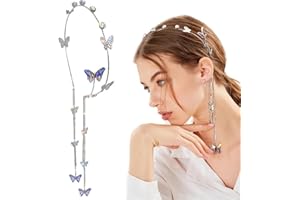 PAOTXPUM Wedding Butterfly Headband Silver Crystal Tassel Hair Hoop Band Vintage Decorative Headpieces Purple Butterfly Headdress Fake Earrings Head Chain Hair Accessories