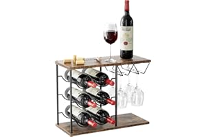 Nuovoware Wine Racks Countertop, Wine Bottle Holder for 6 Bottles & 4 Glasses Holder, Metal Wine Storage Organizer for Kitchen, Bar, Table, Cabinet, Wine Cellar, Wooden