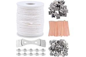 TAIMEIMAO 61M Intrecciato Filo Cerato,Stoppini per Candele Fai da te, con Porta Stoppini Sostegno,25 Stoppini per Candele in Legno,25 Supporti in Ferro,100 Base