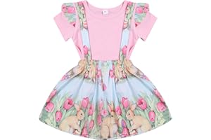 MESALYNCH Toddler Baby Girls Easter Outfits Sets Short Sleeve Ruffle Shoulder Solid Colour T-Shirt Cartoon Rabbit Printed Suspender Ruffle Tutu Skirt Overalls Little Girls Easter Gift