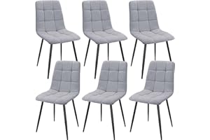 JIJIAN Set of 6 Dining Chairs, Linen Kitchen and Living Room Chairs with Upholstered Seat Backrest and Sturdy Black Metal Legs, Checkerboard Pattern (Grey)