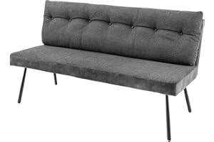 ‎RIESS AMBIENTE Riess Ambiente Moderne Sitzbank Big George 160cm anthrazit Samt Strukturstoff Schwarze Metallbeine mit Lehne, gepolsterte Bank für Dein Esszimmer