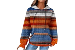 EMATOP Damen Baumwolle Hoodie Causal Langarm Kapuzenpullover Herbst Winter Warm Pullover Vintage Bunte Print Sweatshirt mit Kapuze Pulli Oberteile Mode Waffel Kapuzenpulli mit Taschen Outwear