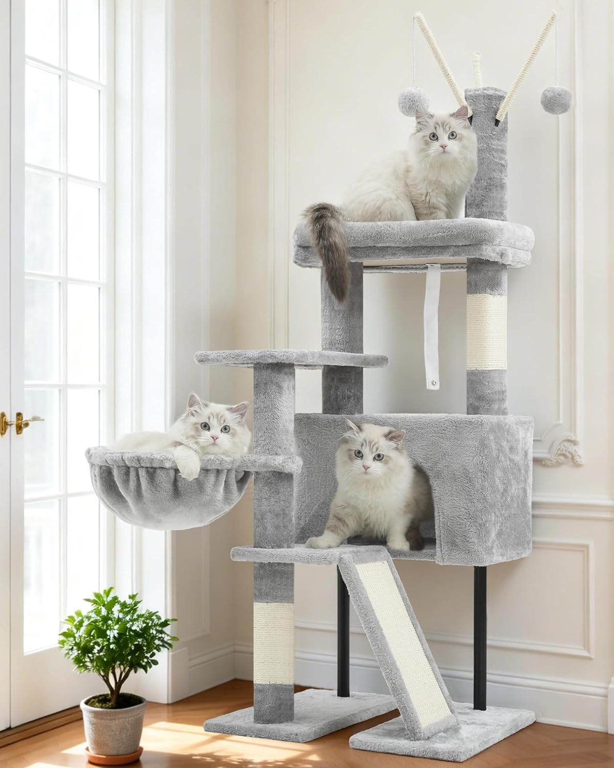 Gitelsnour Rascador para Gatos de Interior, Árbol para Gatos para Gatitos, con Postes, Plataforma Superior Desmontable, Pompones, Cuevas, Cestas, Gris Claro GCT006SW