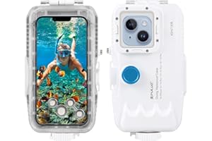 PULUZ Funda impermeable para iPhone 14/14 Pro/13/13 Pro/12/12 Pro, funda protectora de policarbonato y vidrio de 40 m/130 pies, funda de buceo impermeable para surf, esnórquel, flotante, color blanco