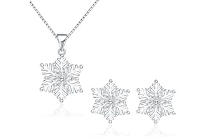 Deyanse Srebrny zestaw biżuterii bożonarodzeniowej dla kobiet, srebro wysokiej próby 925, łańcuszek na szyję i kolczyki, 45 cm, srebrny łańcuszek z zawieszką w kształcie płatka śniegu i srebrnymi
