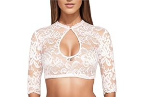 MJIQING Dirndl Bluse Damen Spitze Trachtenbluse Damen Dirndlbluse Weiß V Ausschnitt Kurzarm Spitze Tracht Bluse Schwarz Elegante Halbarm Bluse Oktoberfest Kostüm Dirndlblusen Spitzenbluse Damen Elegant