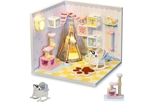 Cuteefun Maquette Maison Miniature pour Débutants à Construire, DIY Maison de Poupée Miniature Bois en Kit avec Meubles Anti-Poussière et Outils, Cadeau de Bricolage Artisanal (Maison de Chat)