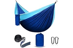 LINENO Hamac d'extérieur de Camping- Ultra-léger, léger Portable Nylon Respirant Durable Hamac avec Sangles d'arbre pour intérieur Balcon, Extérieur Camping, Randonnée Sac à Dos Hamacs (Bleu/Bleu Ciel)