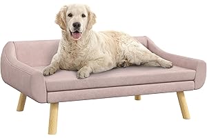 PawHut Hundesofa Katzensofa mit Rückenlehne, Hundecouch mit Holzbeine, Haustiersofa mit Kissen, Hundebett für mittelgroße und große Hunde, Samt, Rosa, 102 x 58,5 x 42,5 cm