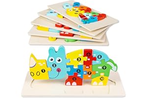 RONSTONE 6 Pack Animal Toddler Puzzles 3 Years: Wooden Puzzles for Kids 3+ Year Old with Drawstring Bag, Learning Educational Montessori Toys Gift for Boys Girls