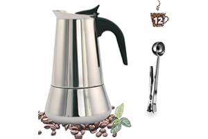 RAMBUTAM Cafetera Italiana Inducción 12 Tazas (700 ml) con Cacito de REGALO, Cafetera Acero Inoxidable apta para todo tipo de cocinas Cafeteras Vitrocerámica, Inducción, Gas, Eléctrica...