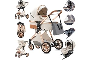Zkiprm Poussette 4 en 1 avec ISOFIX Base, Poussette Bebe, Poussettes et Landaus, Poussette Compacte Portative de Canne, Pliage D'un Clic, Combinaison de Poussette Paysage Cadre en Aluminium élevé