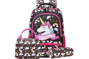 A AM SEABLUE Sac Licorne Enfant Fille Cartable Primaire Sac pour l'école Loisir Voyage 3 en 1 Sac à Dos Scolaire + Sac à Lunch + Sac à Crayons (1-Brun)