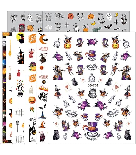 Halloween-Nagelaufkleber-Set – Selbstklebend, Verschiedene Grusel-Motive, Glitzer, Wasserfest