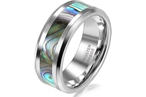 JewelryWe Biżuteria męska, 8 mm szerokości, z węglikiem wolframu, błyszcząca, z muszlami Abalone, inkrustowanie zaręczyn, ślub, kolor srebrny, rozmiar od 52 do 74